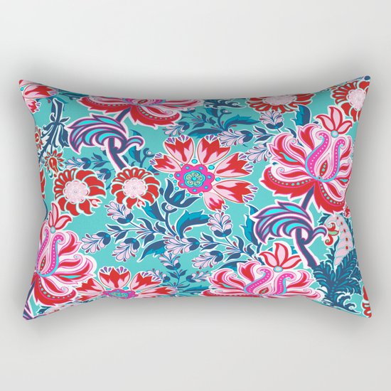 Bohemian Floral Paisley in Turquoise, Red and Pink Rectangular Pillow