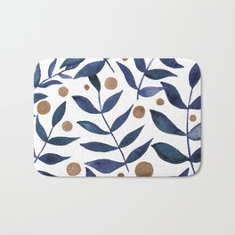 Watercolor berries and branches - indigo and beige Bath Mat