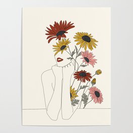 Colorful Thoughts Minimal Line Girl with Sunflowers Poster