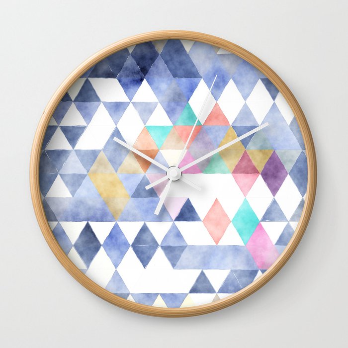 Abstract Blue Lilac Pink White Watercolor Argyle Triangles Wall Clock