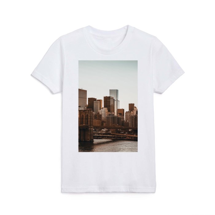 New York City Manhattan Skyline with Brooklyn Bridge at sunset Kids T Shirt