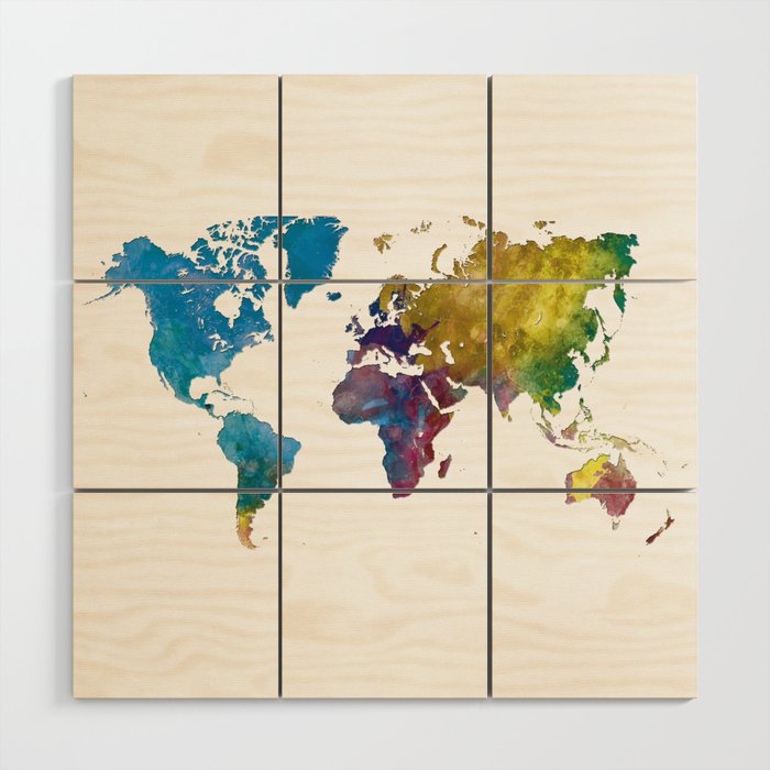world map in watercolor-multicolor Wood Wall Art