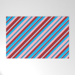 [ Thumbnail: Deep Sky Blue, Pink, and Red Colored Lined/Striped Pattern Welcome Mat ]