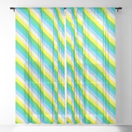 [ Thumbnail: Vibrant Yellow, Lime Green, Dark Turquoise, Light Sky Blue, and Light Yellow Colored Striped Pattern Sheer Curtain ]