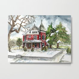 Snowfall Metal Print | Nature, Ink, House, Architecture, Painting, Watercolor, Landscape, Snow, Victorian, Turnofthecentury 