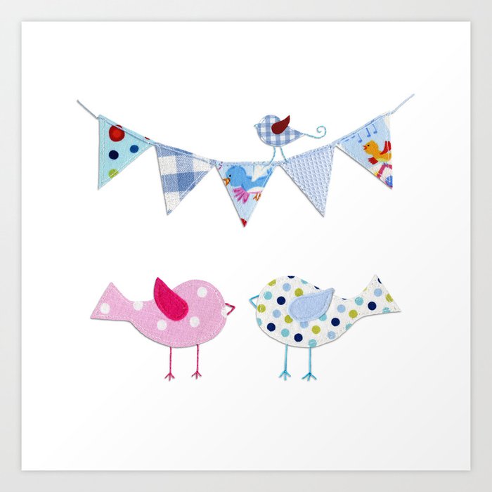 Birds with party flags Art Print