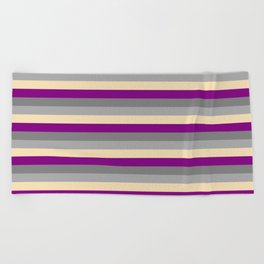 [ Thumbnail: Purple, Gray, Dark Grey, and Tan Colored Lined Pattern Beach Towel ]