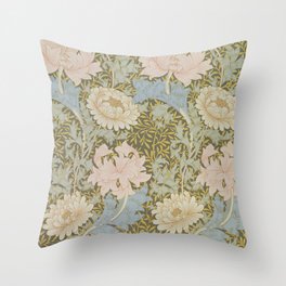 William Morris Vintage Chrysanthemum Pastel Pink Gold Blue 1876  Throw Pillow