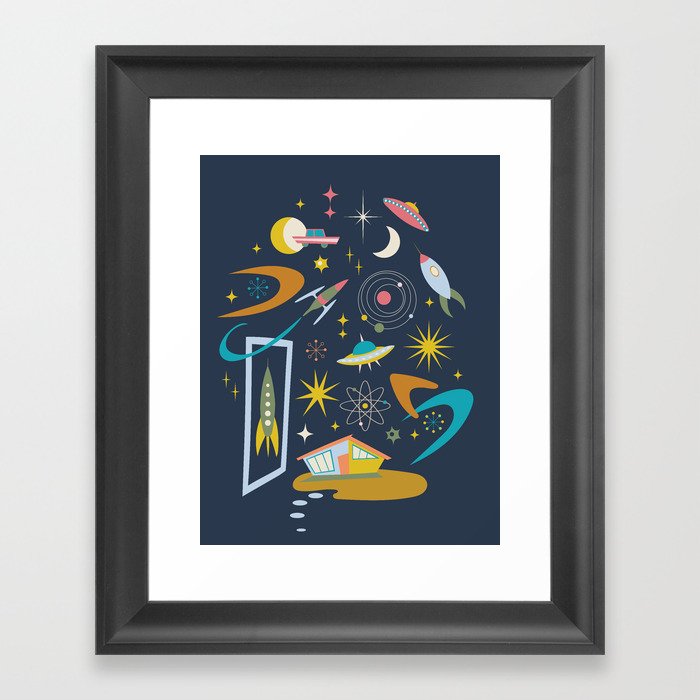 Mid Century Architecture in Space - Retro design in pastels on Navy by Cecca Designs Framed Art Print