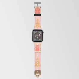 Christmas Gingerbread Houses and Trees in Cartoon Style on Pink Background Seamless Pattern with Snowflakes Apple Watch Band