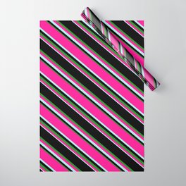 [ Thumbnail: Black, Forest Green, Deep Pink & Turquoise Colored Lined Pattern Wrapping Paper ]