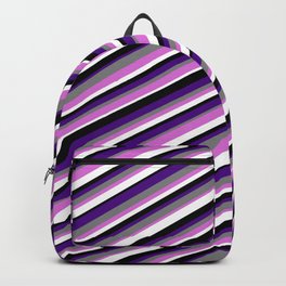 [ Thumbnail: Vibrant Gray, Orchid, White, Black & Indigo Colored Stripes/Lines Pattern Backpack ]