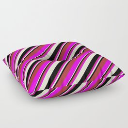 [ Thumbnail: Brown, Fuchsia, Light Yellow, and Black Colored Lines Pattern Floor Pillow ]