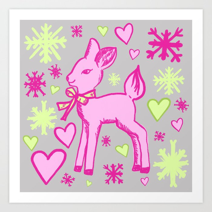 Cute Fawn with Hearts and Snowflakes, Pink Green over Gray Art Print