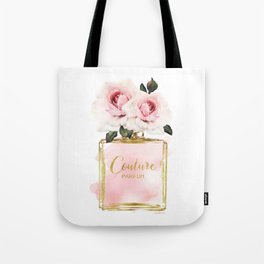 Perfume bottle with Flowers, Pink Roses, Make up, Blush Tote Bag