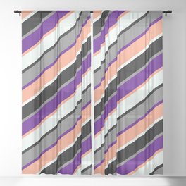 [ Thumbnail: Eye-catching Grey, Indigo, Light Salmon, Mint Cream, and Black Colored Stripes/Lines Pattern Sheer Curtain ]