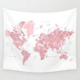 Light pink, muted pink and dusty pink watercolor world map with cities Wall Tapestry