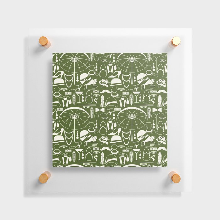 White Old-Fashioned 1920s Vintage Pattern on Olive Green Floating Acrylic Print