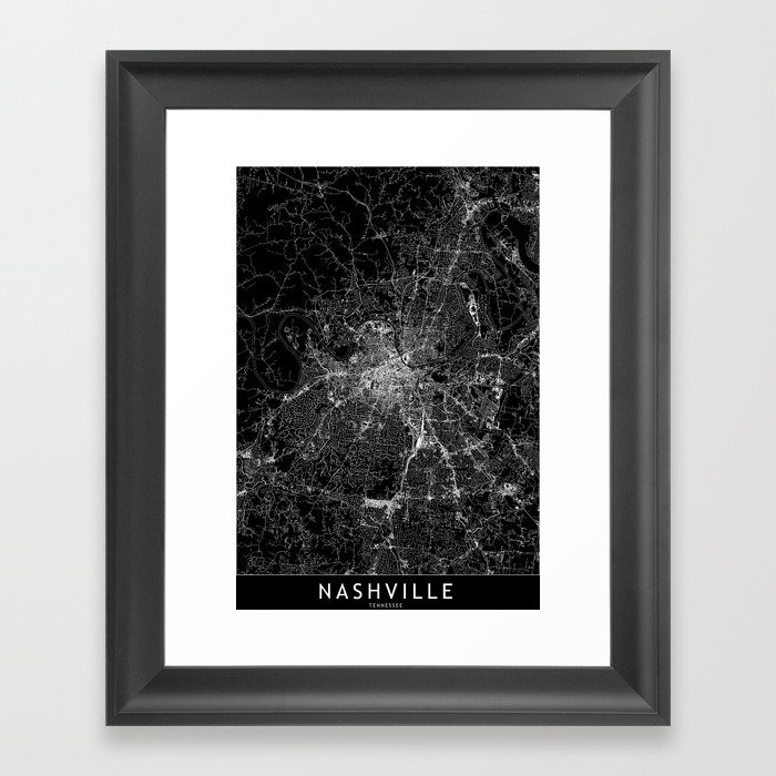 Nashville Black Map Framed Art Print