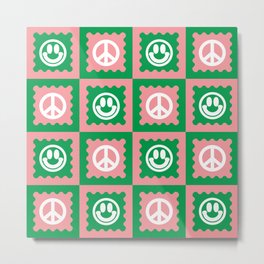 Funky Checkered Smileys and Peace Symbol Pattern (Pink, Green, White) Metal Print
