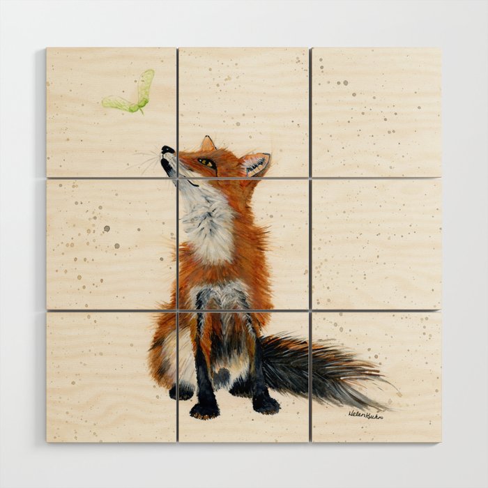 Maple Key Fox Animal Watercolor Painting Wood Wall Art By