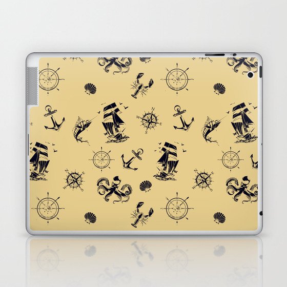Beige And Blue Silhouettes Of Vintage Nautical Pattern Laptop & iPad Skin