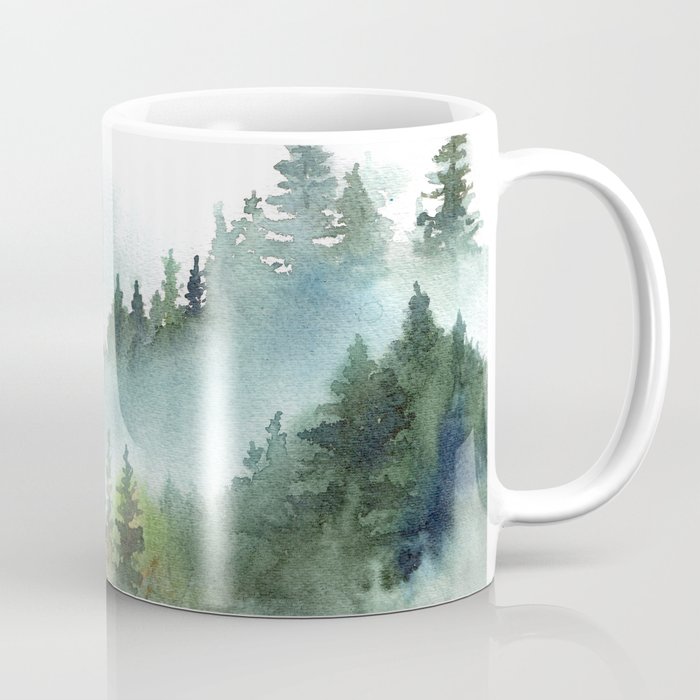 Watercolor Pine Forest Mountains in the Fog Kaffeebecher | Gemälde, Aquarell, Bäume, Forest, Berge, Fog, Blau, Smokey, Landscape, Mist