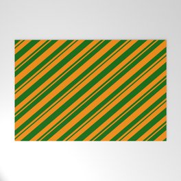 [ Thumbnail: Dark Orange and Dark Green Colored Striped/Lined Pattern Welcome Mat ]