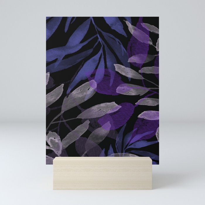 Night in the Garden - periwinkle, gray, blue, purple, watercolor plants, leaves, digital painting Mini Art Print