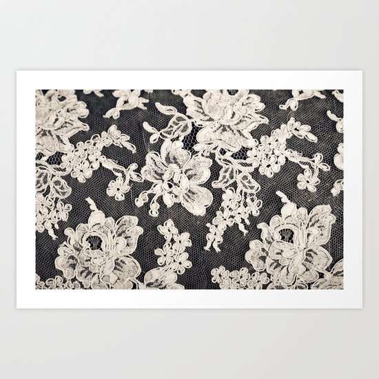 black and white lace- Photograph of vintage lace Art Print