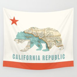 California Bear Flag with Vintage Map Wall Tapestry