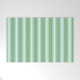 [ Thumbnail: Dark Sea Green and Light Cyan Colored Pattern of Stripes Welcome Mat ]