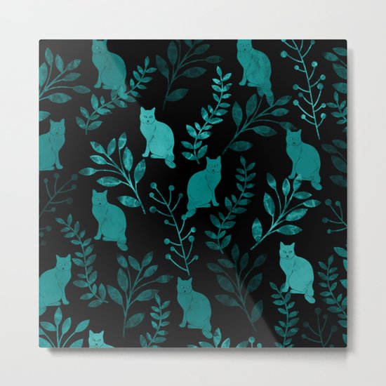 Watercolor Floral and Cat IV Metal Print