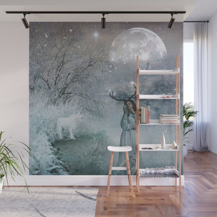 Yule Goddess - full moon winter landscape antlers horned Wall Mural