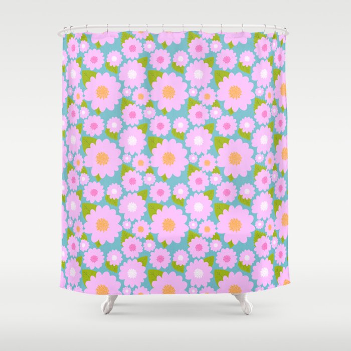Pretty Pink Summer Flowers On Turquoise Blue Shower Curtain