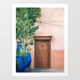 Marrakech Travel Photography "Wooden door on coral wall | Colorful wanderlust photo print Art Print