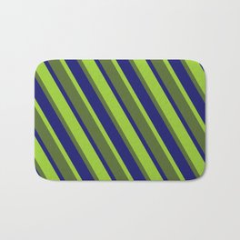[ Thumbnail: Green, Dark Olive Green, and Midnight Blue Colored Pattern of Stripes Bath Mat ]