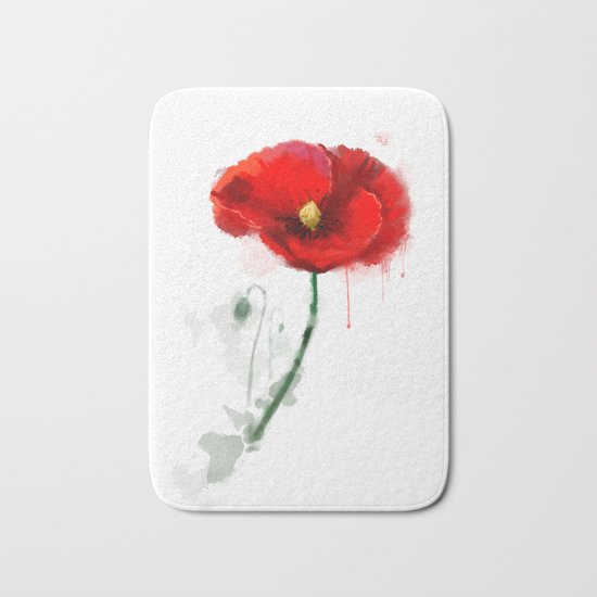 Red Poppy watercolor digital painting Bath Mat