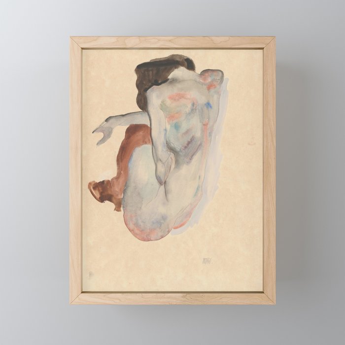 Crouching Nude in Shoes and Black Stockings, Back View - Egon Schiele Framed Mini Art Print