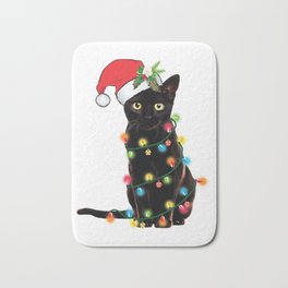 Santa Black Cat Tangled Up In Lights Christmas Santa Graphic Bath Mat