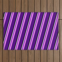 [ Thumbnail: Eyecatching Dark Orchid, Violet, Indigo, Black & White Colored Stripes/Lines Pattern Outdoor Rug ]