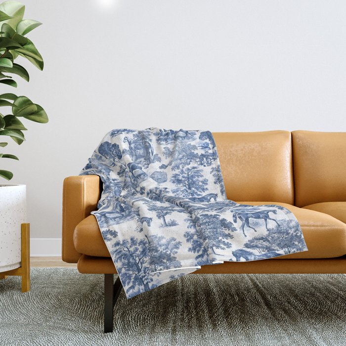 Elegant Vintage Blue Horse Toile Pattern Throw Blanket