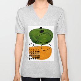 Modern Mid Century Fun Colorful Abstract Minimalist Painting Olive Green Yellow Ochre Buns Unisex V-Neck