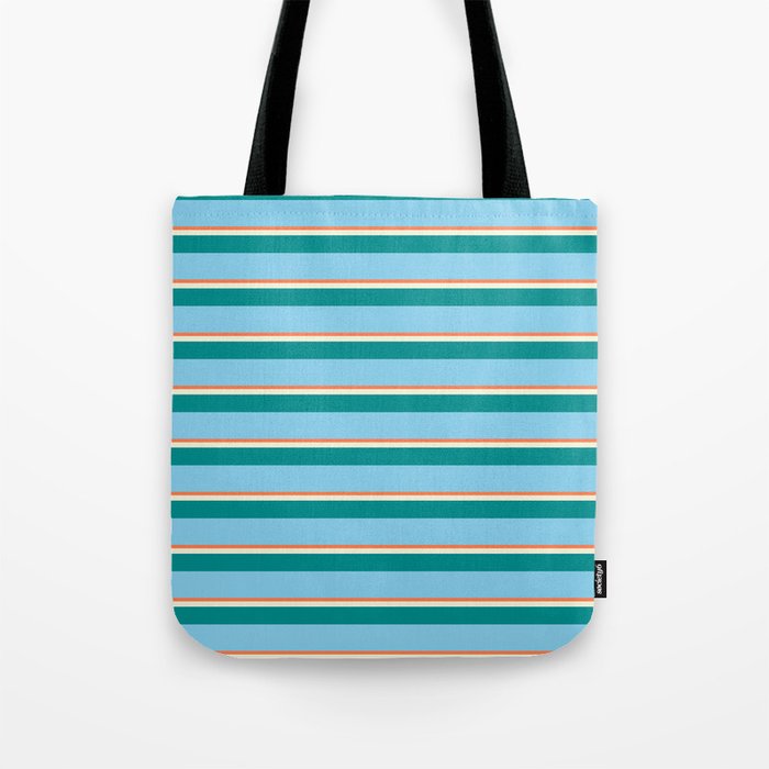 Coral, Beige, Dark Cyan & Sky Blue Colored Stripes Pattern Tote Bag