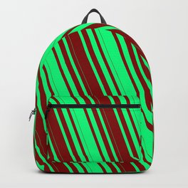 [ Thumbnail: Green & Maroon Colored Striped/Lined Pattern Backpack ]