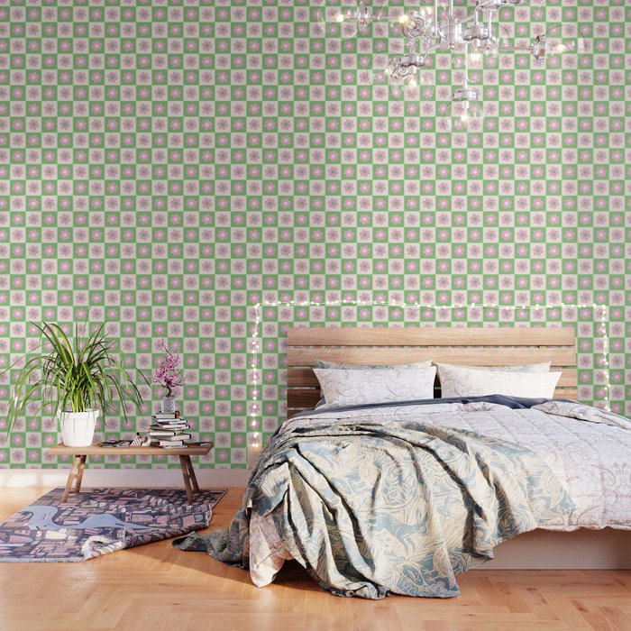 Checkered Daisies in Pink and Green Wallpaper