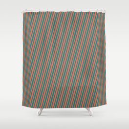 [ Thumbnail: Dark Cyan & Red Colored Striped Pattern Shower Curtain ]