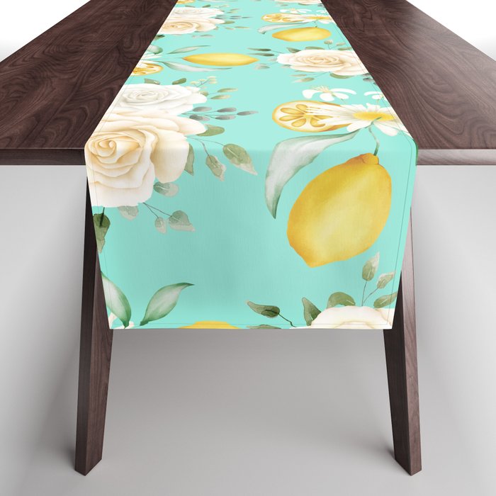 Lemons and White Flowers Pattern On Mint Blue Background Table Runner