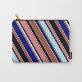 [ Thumbnail: Eyecatching Turquoise, Sienna, Light Coral, Blue, and Black Colored Lined Pattern Carry-All Pouch ]