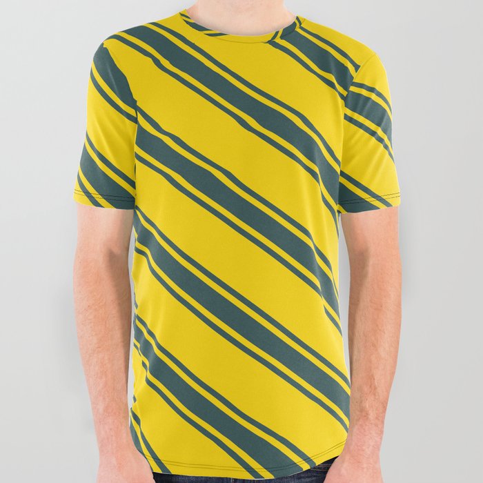 Yellow & Dark Slate Gray Colored Lines Pattern All Over Graphic Tee